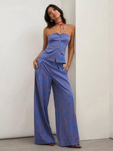 COSMINA 2pcs Women Summer Striped Button Decor Bandeau Top And Wide Leg Loose Pants Casual Set
